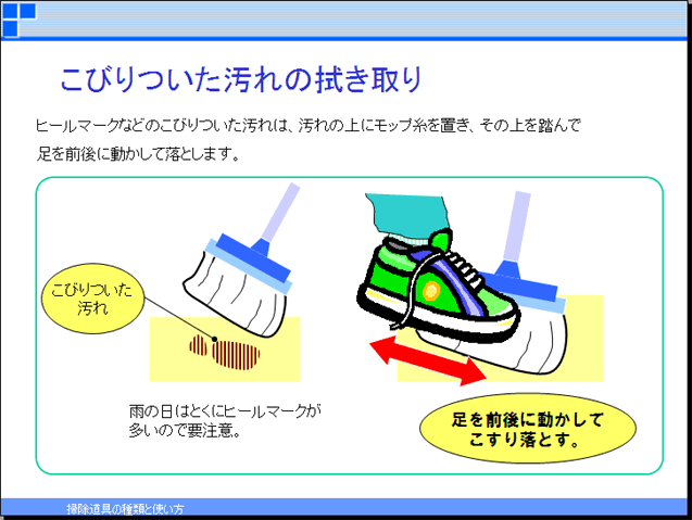 こびりついた汚れの拭き取り　ヒールマークなどのこびりついた汚れは、汚れの上にモップ糸を置き、その上を踏んで足を前後に動かして落とします。雨の日はとくにヒルマークが多いので要注意です。
