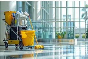 A cleaning cart with yellow buckets on the floor of an office building undergoing routine maintenance, copy space. High