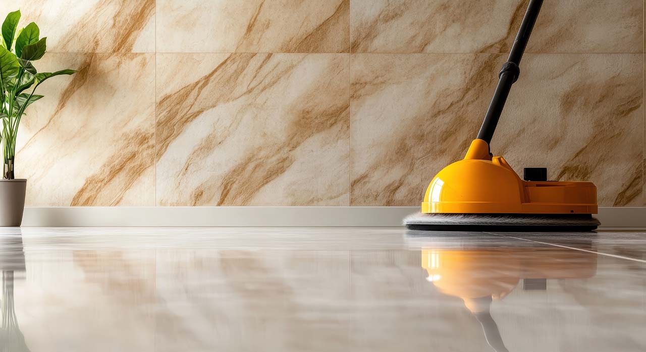 A sleek floor polisher rests on a shiny tile floor, reflecting l