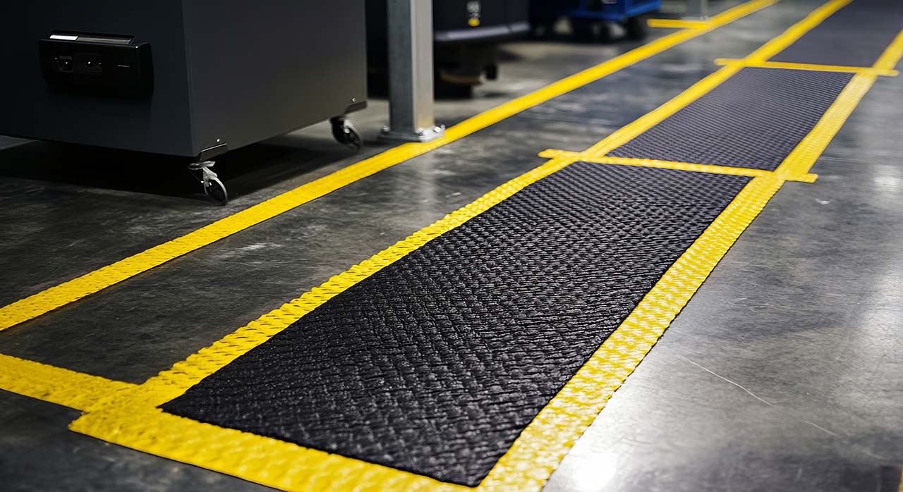 A clean factory floor features black anti-fatigue mats bordered by bright yellow safety lines for designated walking or standing zones.