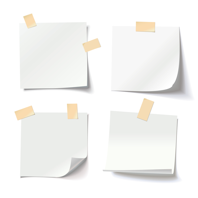 White note papers with curled corner and adhesive tape, ready fo